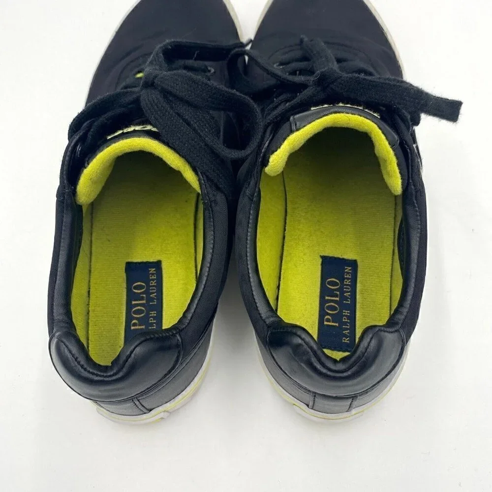 Polo Ralph Lauren Hanford Mens Sneakers 9.5D Canvas/Leather Black w/ Yellow Logo